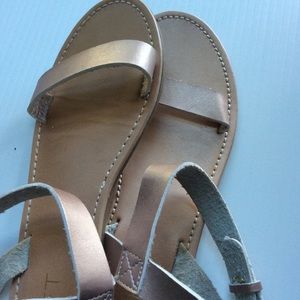 Rose gold leather strappy sandals with ankle strap